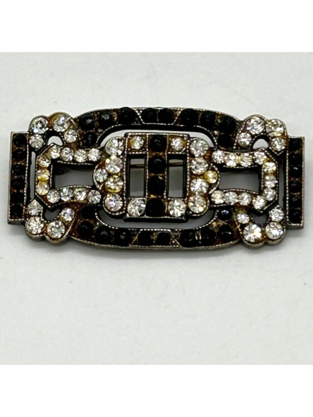 Vintage Art Deco Style Rhinestone Brooch Silver Tone GeometricTrombone Clasp - Picture 2 of 13